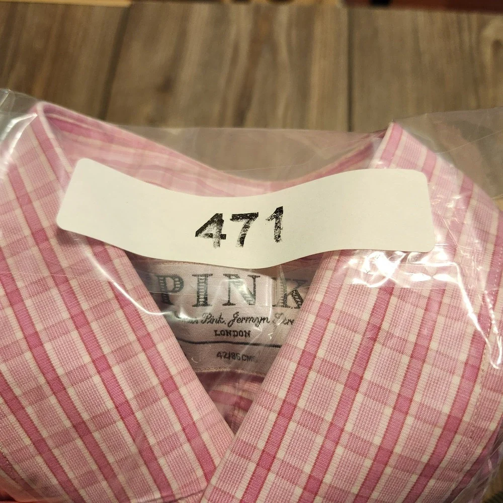 Thomas Pink Dress Shirt Mens 16.5 34 Pink White Check Button Down Double Cuff